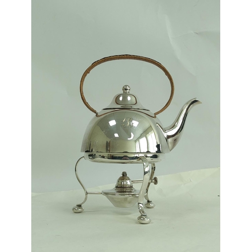 117 - E.p. tea kettle of hemispherical shape, with stand and lamp. 