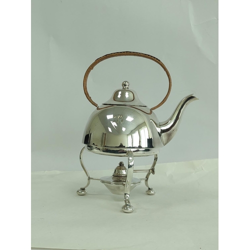 117 - E.p. tea kettle of hemispherical shape, with stand and lamp. 