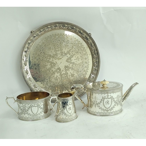 118 - Victorian e.p. engraved three-piece tea set of late 18th century style with straight sides, with mat... 