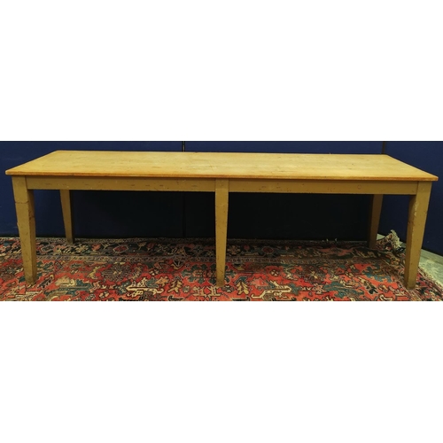 661 - Large pine rectangular  kitchen table on six square tapering supports, approx. 68cm wide, 260cm long... 