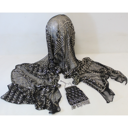 415 - Egyptian Assuit silver and black net shawl, approx. 240cm x 53cm; also a small beaded black and silv... 