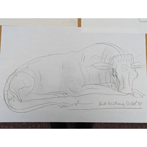 419 - Sven Berlin (British 1911-1999).Bull Resting.Pencil drawing.36cm x 54cm.Signed and dated (19)97, als... 