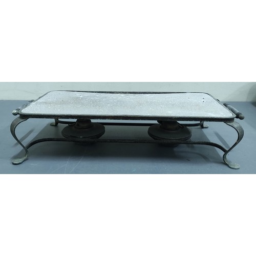 634 - Rectangular metal hot plate on scroll supports with two burners and a rectangular stand.  (2).