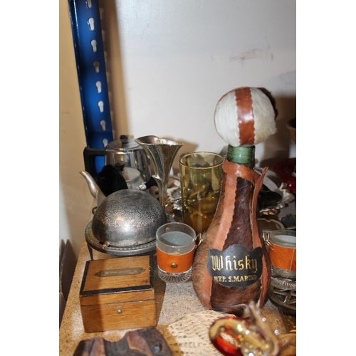 331 - Flatware, horse brasses, door plaques, an S Marino decanter with two shot glasses in holders, a ligh... 