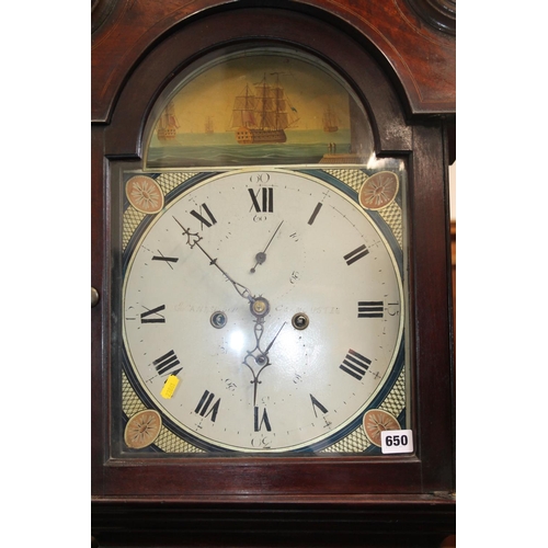 650 - Mahogany grandfather clock with swan neck pediment over tile with ship, inscribed Anderson, Carnoust... 