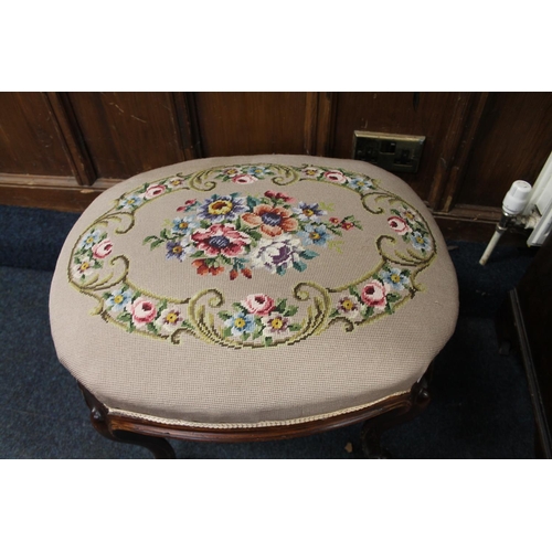 655 - Victorian footstool, with floral  gros point upholstered top on cabriole supports, 48cm x 60cm ... 