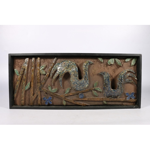 461 - Danish studio pottery wall plaque decorated with relief birds on flowering branches, signed indistin... 