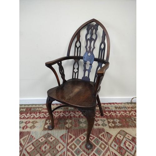 598 - Gothic revival Windsor chair, with pierced lancet frame, shaped seat, on cabriole legs with pad foot... 