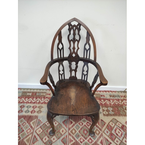 598 - Gothic revival Windsor chair, with pierced lancet frame, shaped seat, on cabriole legs with pad foot... 