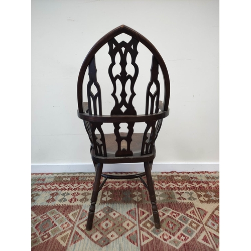 598 - Gothic revival Windsor chair, with pierced lancet frame, shaped seat, on cabriole legs with pad foot... 