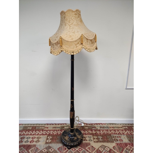 604 - Early 20th century black lacquered standard lamp decorated with polychrome and gilt chinoiserie, wit... 