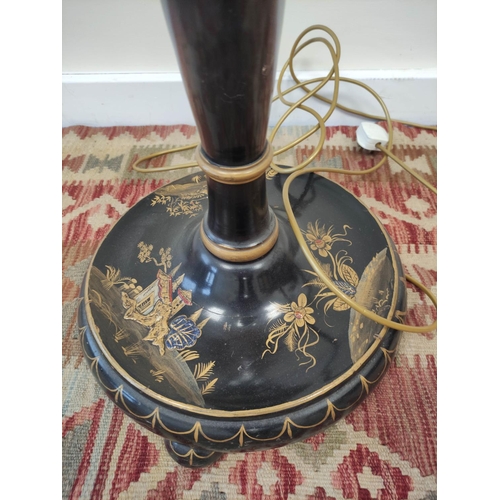 604 - Early 20th century black lacquered standard lamp decorated with polychrome and gilt chinoiserie, wit... 