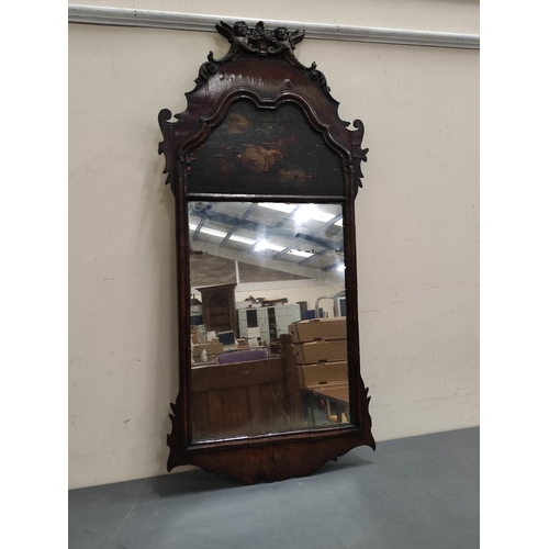 645 - Georgian wall mirror, the old rectangular plate surmounted by a painted blind panel in walnut fret f... 