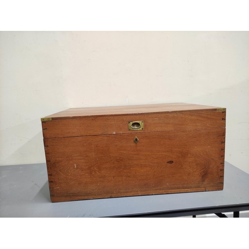 657 - Late 19th century teak chest of rectangular form with hinged lid, brass inset corners and handles, 9... 