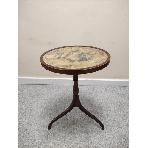 668 - Early 19th century mahogany occasional table, the oval top with florally painted silk under glass ra... 