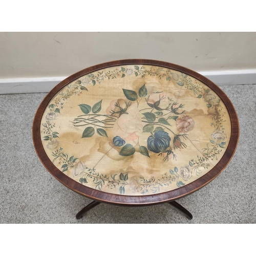 668 - Early 19th century mahogany occasional table, the oval top with florally painted silk under glass ra... 