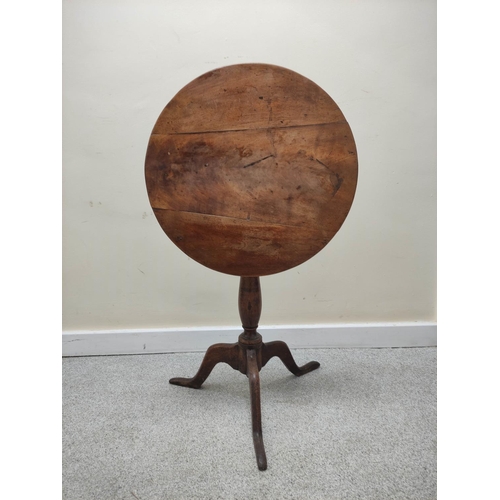 586 - Georgian fruitwood circular pedestal table with tilt top on turned column & tripod supports. 53c... 