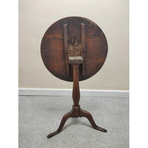 586 - Georgian fruitwood circular pedestal table with tilt top on turned column & tripod supports. 53c... 