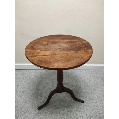 586 - Georgian fruitwood circular pedestal table with tilt top on turned column & tripod supports. 53c... 