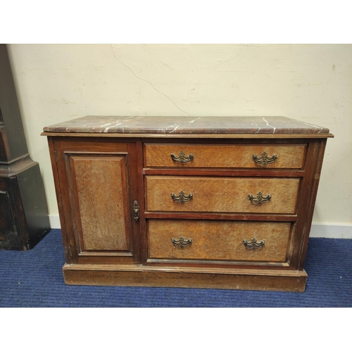 587 - Victorian washstand chest, marble top over three drawers, flanked by panel door cupboard. 112cm. wid... 