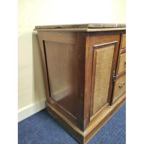 587 - Victorian washstand chest, marble top over three drawers, flanked by panel door cupboard. 112cm. wid... 