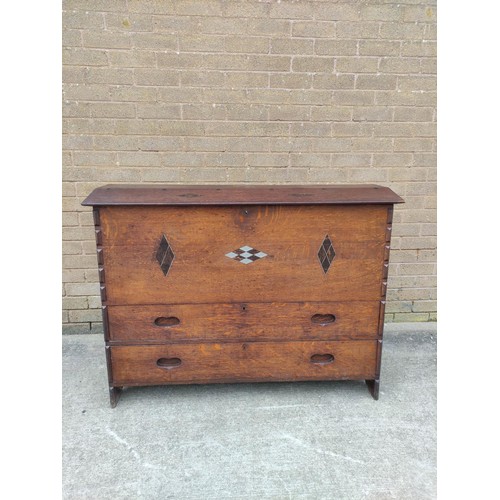 580 - Rare Arts and Crafts coffer chest, attributed to  Heals, with tapering sides, angled rising top, enc... 