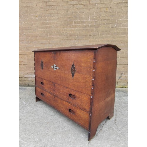 580 - Rare Arts and Crafts coffer chest, attributed to  Heals, with tapering sides, angled rising top, enc... 