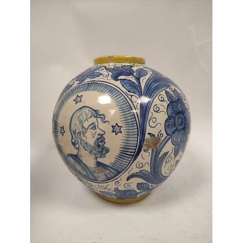 469 - Antique Italian Maiolica blue and white large tin glaze pottery jar of globular form with circular p... 