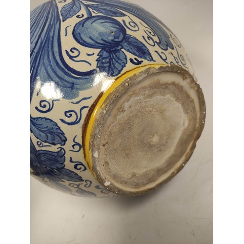 469 - Antique Italian Maiolica blue and white large tin glaze pottery jar of globular form with circular p... 