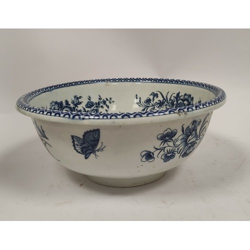 487 - Worcester blue and white circular basin, decorated with floral sprays, crescent mark, c1780, 29cm.