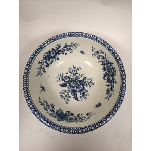 487 - Worcester blue and white circular basin, decorated with floral sprays, crescent mark, c1780, 29cm.