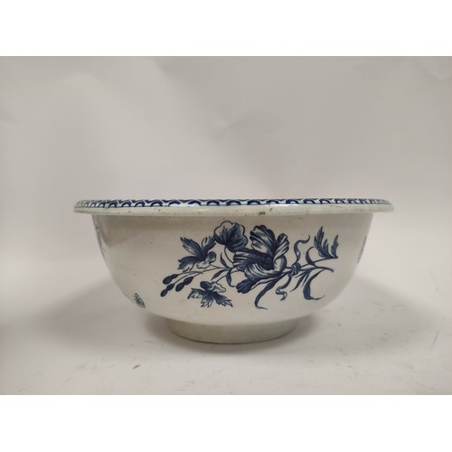 487 - Worcester blue and white circular basin, decorated with floral sprays, crescent mark, c1780, 29cm.