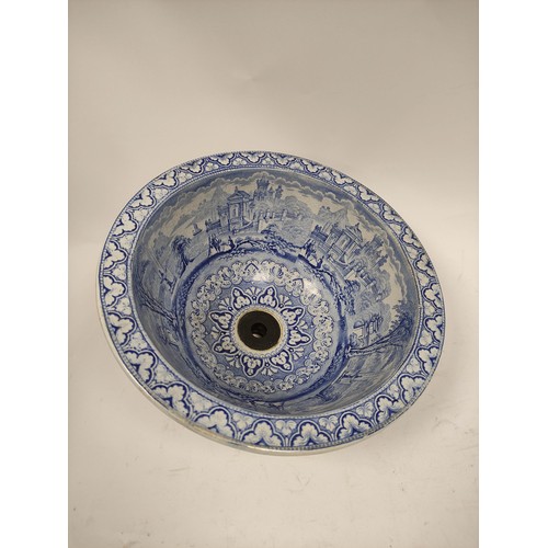 488 - Victorian 'Panorama' blue and white wash basin with classical landscapes, c1880, 32cm.