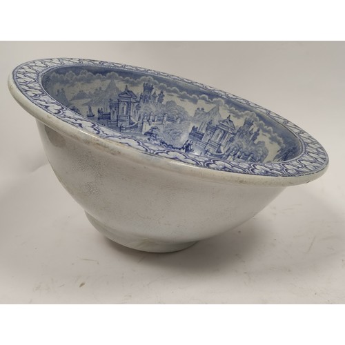 488 - Victorian 'Panorama' blue and white wash basin with classical landscapes, c1880, 32cm.