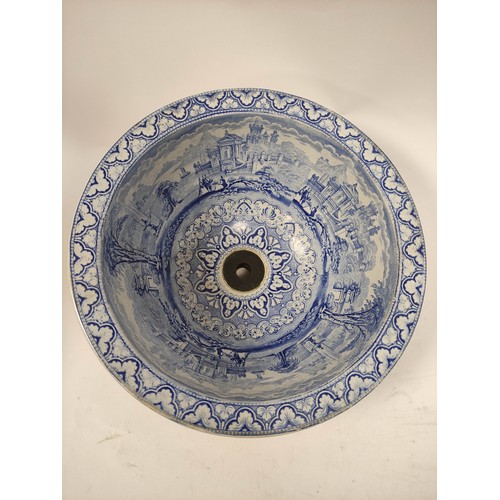 488 - Victorian 'Panorama' blue and white wash basin with classical landscapes, c1880, 32cm.