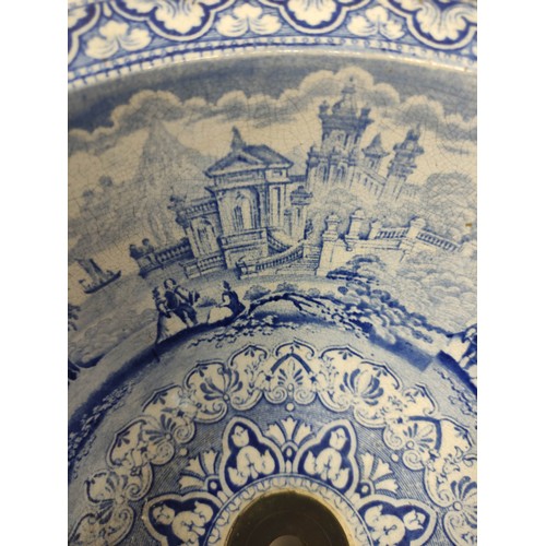 488 - Victorian 'Panorama' blue and white wash basin with classical landscapes, c1880, 32cm.