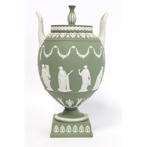 181 - 20th century Wedgwood large green jasperware covered vase of twin handled ovoid urn form, the contin... 