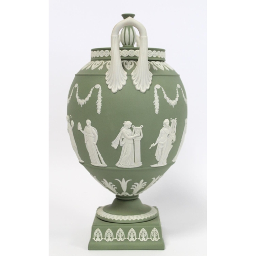 181 - 20th century Wedgwood large green jasperware covered vase of twin handled ovoid urn form, the contin... 