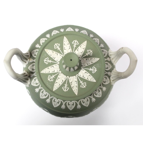 181 - 20th century Wedgwood large green jasperware covered vase of twin handled ovoid urn form, the contin... 