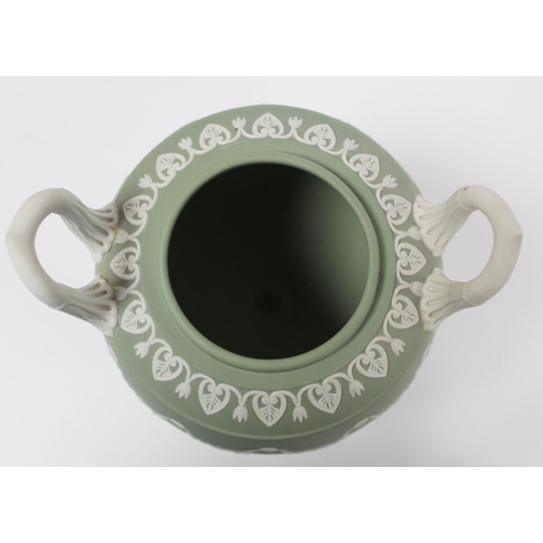 181 - 20th century Wedgwood large green jasperware covered vase of twin handled ovoid urn form, the contin... 