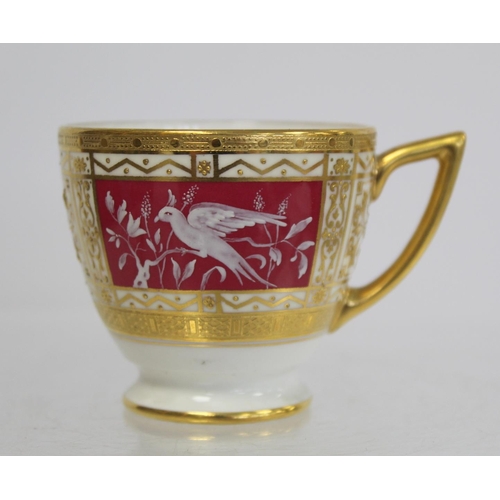 184 - Minton bone china pate sur pate cabinet cup and saucer with cerise and white panels of exotic birds ... 