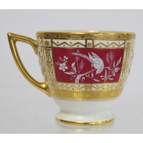 184 - Minton bone china pate sur pate cabinet cup and saucer with cerise and white panels of exotic birds ... 