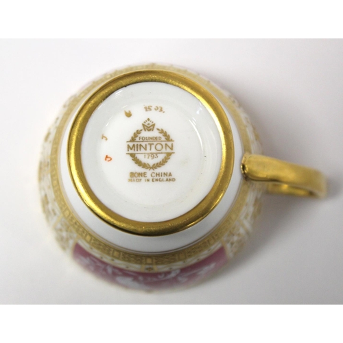 184 - Minton bone china pate sur pate cabinet cup and saucer with cerise and white panels of exotic birds ... 