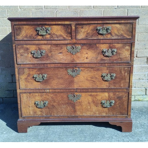 619 - Early/Mid 18th century walnut veneered chest of drawers with swan neck handles raised on bracket fee... 