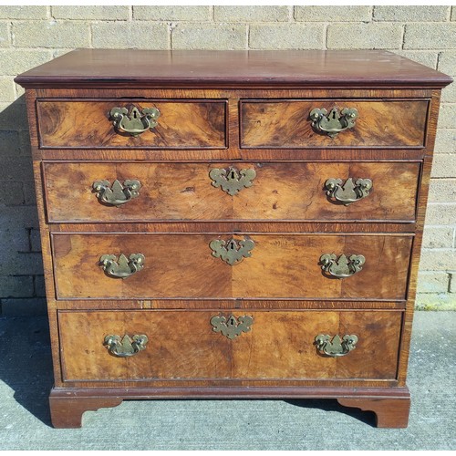 619 - Early/Mid 18th century walnut veneered chest of drawers with swan neck handles raised on bracket fee... 