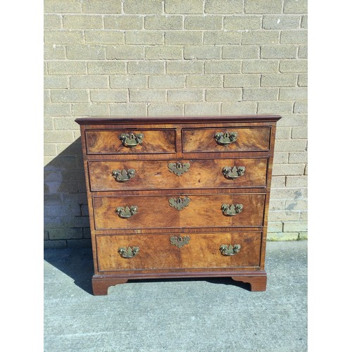 619 - Early/Mid 18th century walnut veneered chest of drawers with swan neck handles raised on bracket fee... 