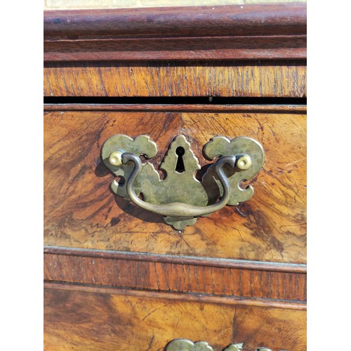 619 - Early/Mid 18th century walnut veneered chest of drawers with swan neck handles raised on bracket fee... 