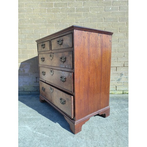 619 - Early/Mid 18th century walnut veneered chest of drawers with swan neck handles raised on bracket fee... 