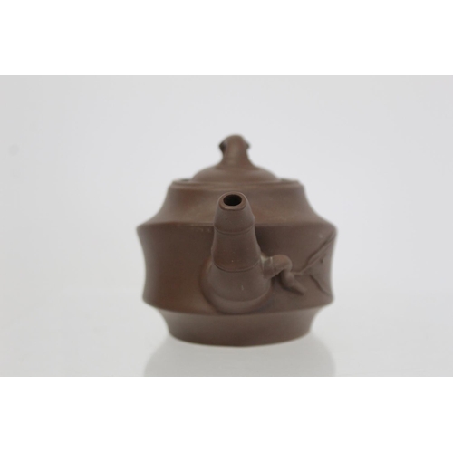 174 - Chinese Yixing pottery teapot of ovoid form, the main body moulded as bamboo cane with similar spout... 