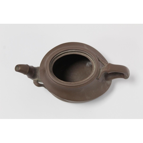 174 - Chinese Yixing pottery teapot of ovoid form, the main body moulded as bamboo cane with similar spout... 